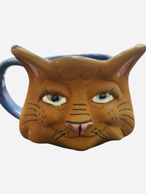 A & A Pottery clay cat face mug, handcrafted